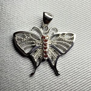 Sterling Silver Butterfly Pendant / Charm Red-Orange CZ Stones w/ Gift Box 🎁